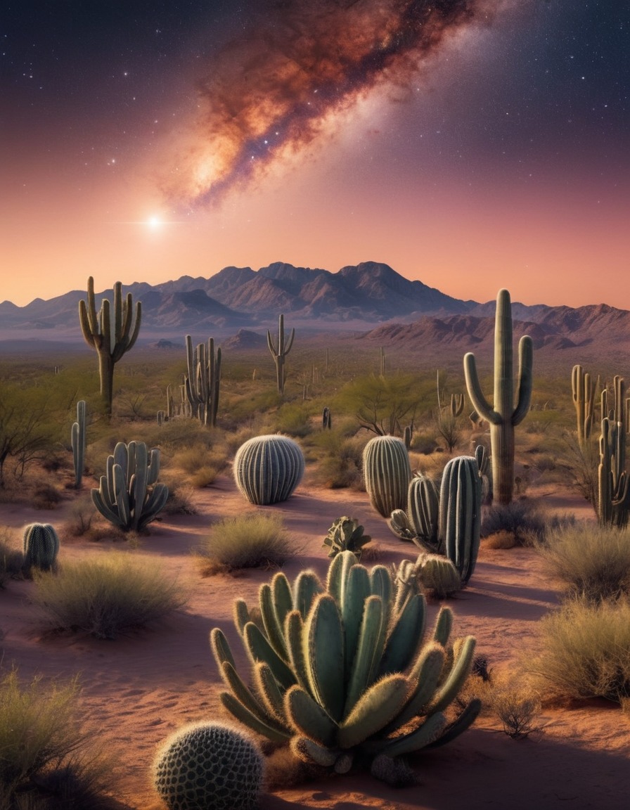 nature, desert, night sky, stars, cacti