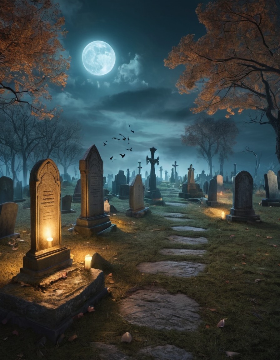 haunted graveyard, ghostly apparitions, fantasy scene, spooky atmosphere, supernatural entities, eerie setting