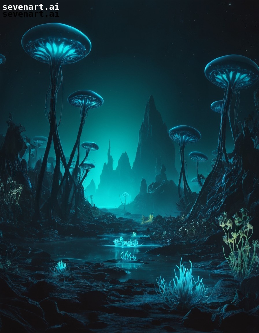 alien, bioluminescent, plants, glowing, alien world, space, stars