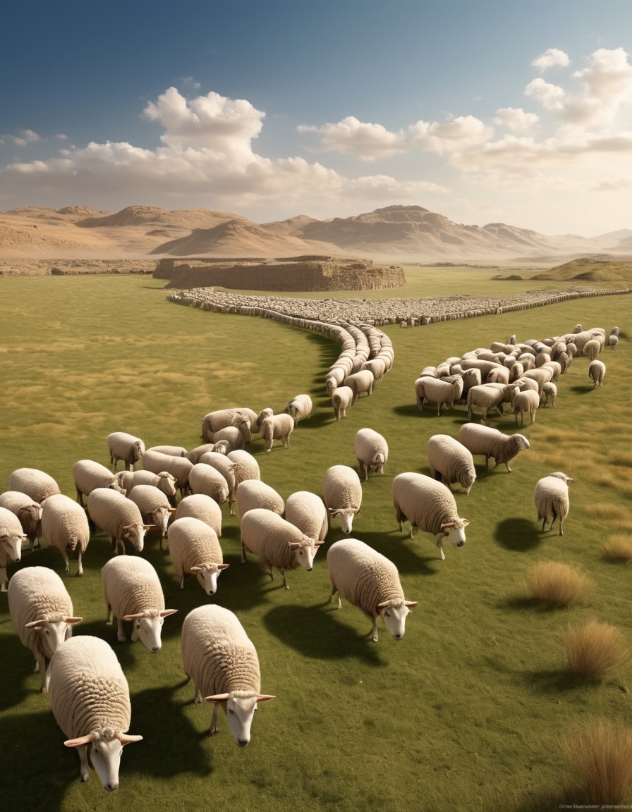 ancient shepherd, sheep, meadow, mesopotamia, 2000 bc