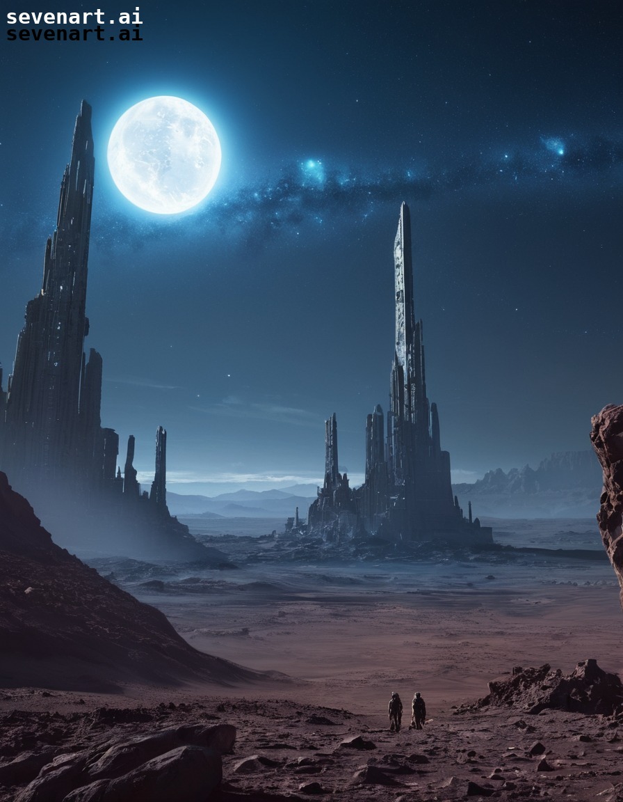 alien civilization, ruins, ancient structures, barren planet, starlit sky, space, stars