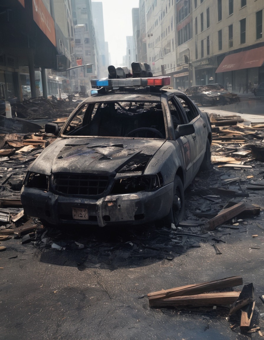 police car, burned-out, city, intersection, debris, war, usa