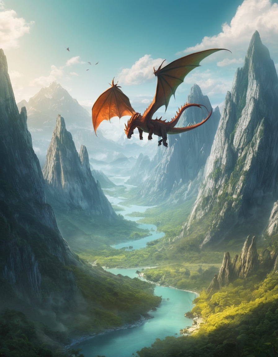 mountains, valley, dragons, fantasy, sky, fantastic