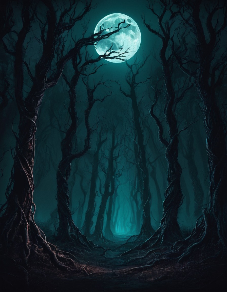 darkness, moonlight, twisted trees, mysterious, eyes, lovecraft, howard lovecraft