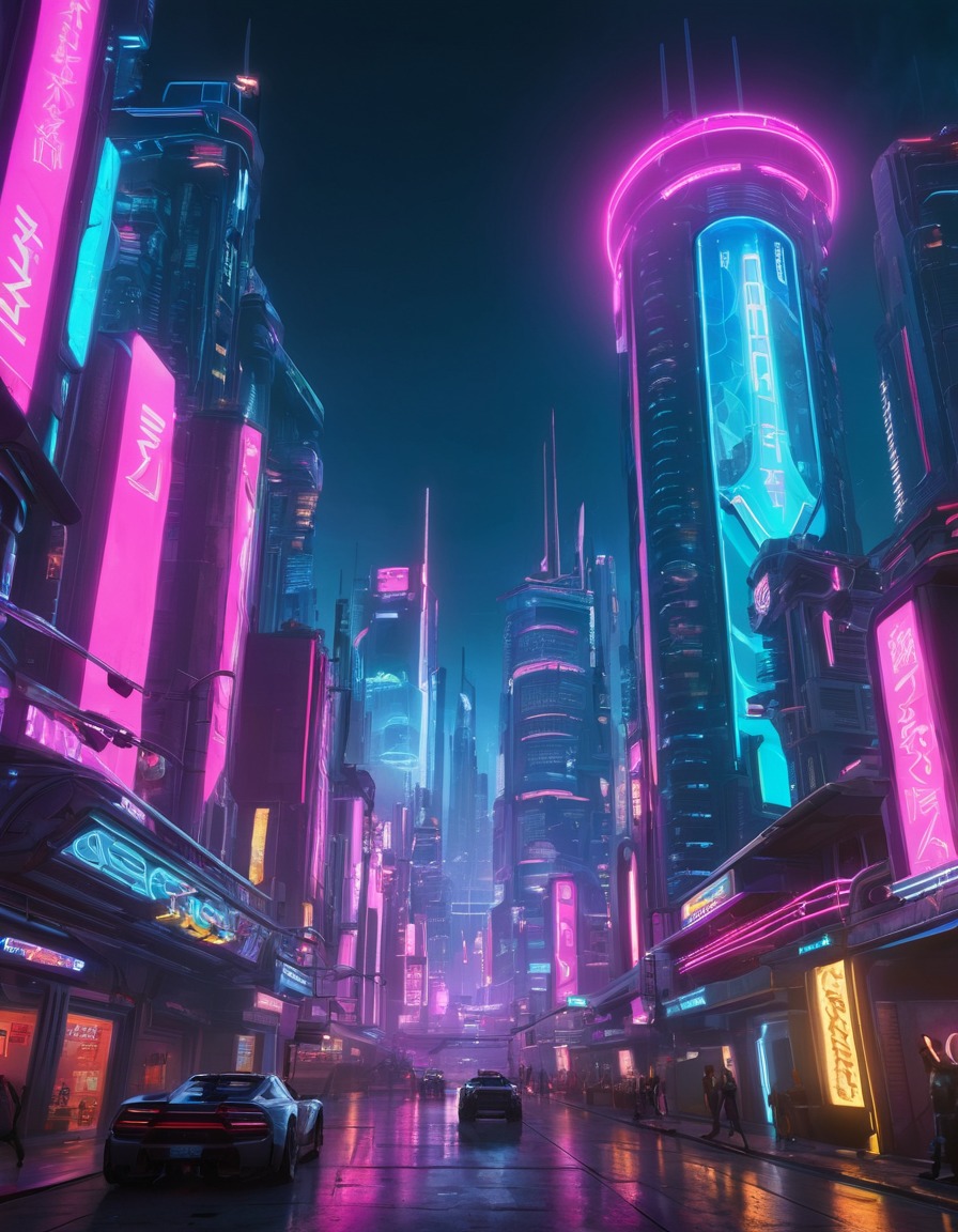 cyberpunk, futuristic, cityscape, neon lights, skyscrapers, computer games