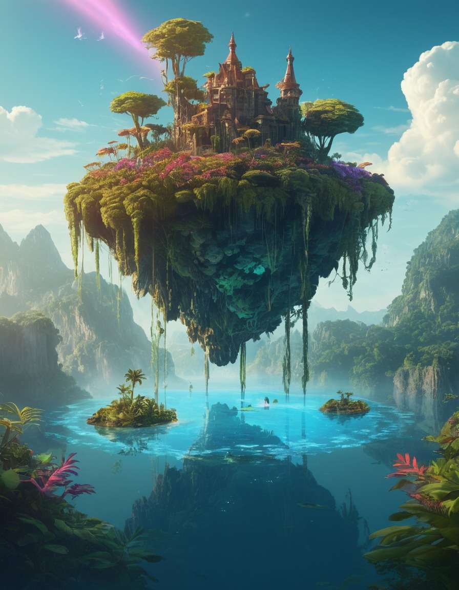 fantasy, floating island, exotic plants, iridescent, fantastical creatures, fantastic