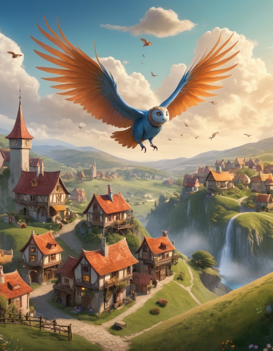 village, rolling hills, peaceful, humanoid creatures, wings, fantastic