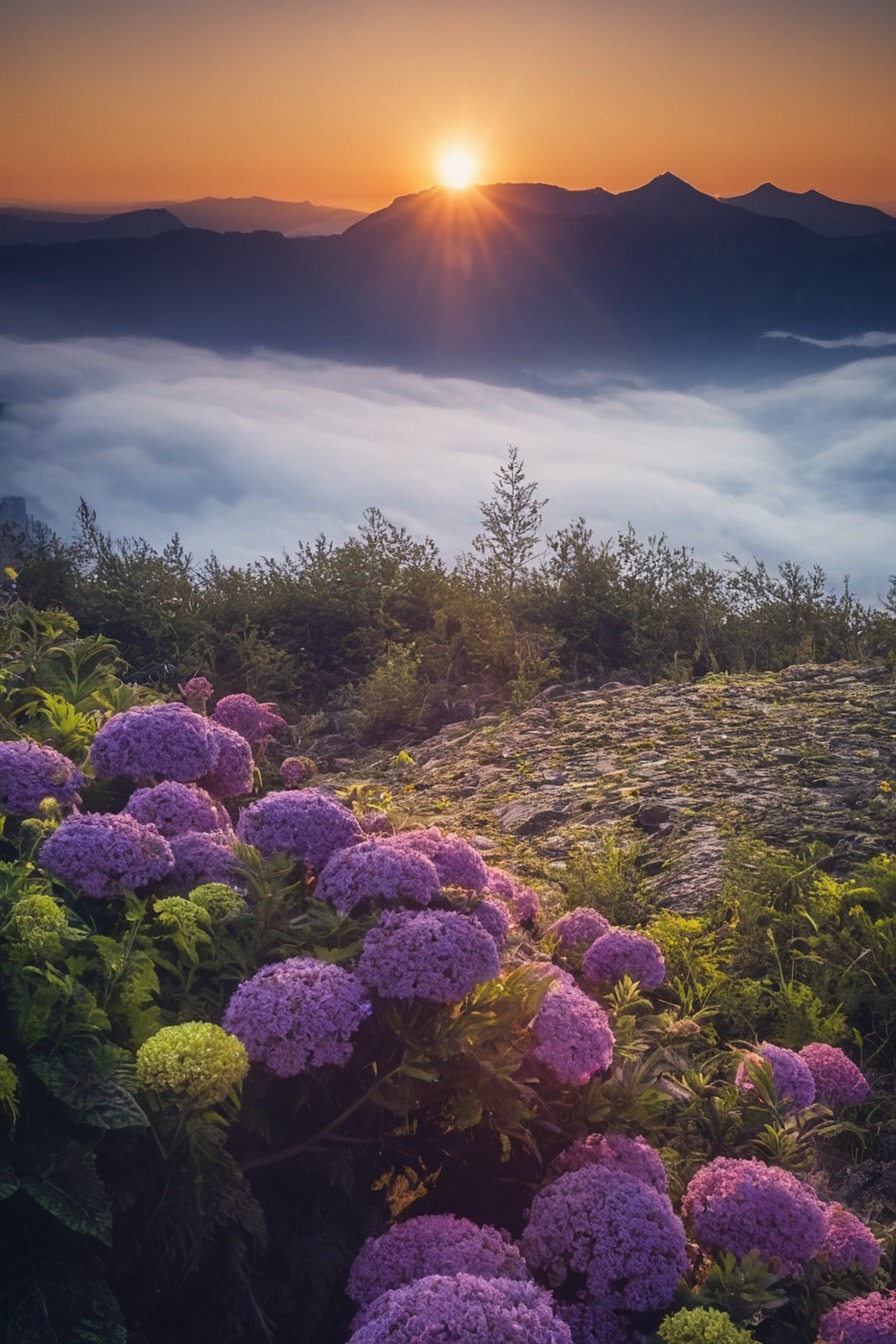 nature, landscape, flowers, floral, hydrangea, sunrise, saitama, japan, flower photography, summer sunrise, morning mist, nature photography, flowercore, naturecore, summer flowers, photography, aesthetic, scenery, cameras, cloud, my post, pb:issey, throw back monday