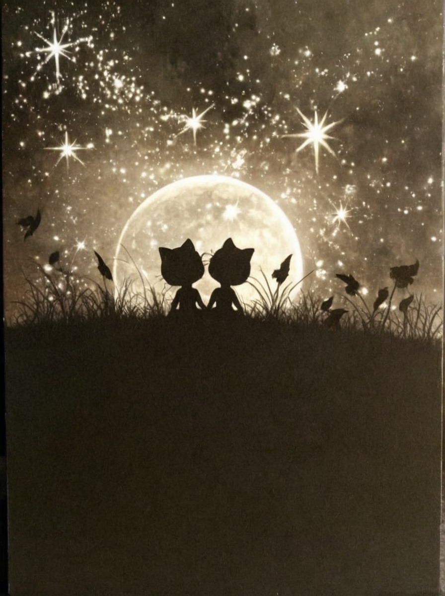 cats, darkness, ink, landscape, moon, moonlight, nature, painting, shadows, stars, traditional, animalswildlife, marker_white, landscape_ink