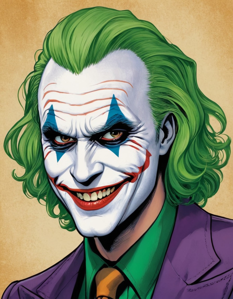 joker, iconic smile, green hair, bold, colorful, painting, movies