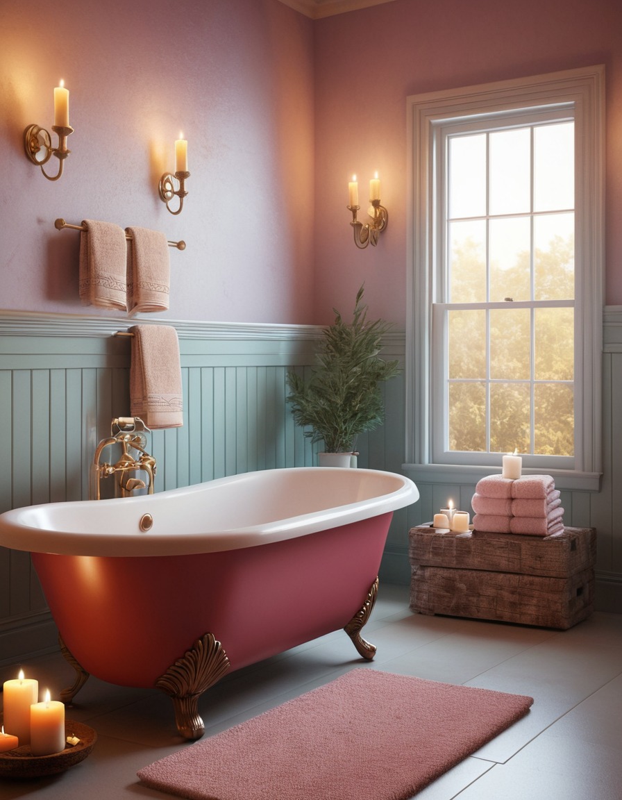 bathroom, clawfoot bathtub, candles, plush towels, home, interior