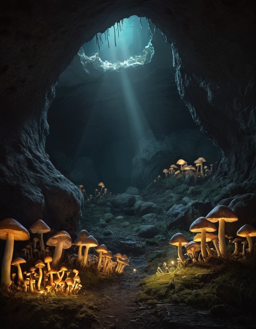 mystical, glowing mushrooms, cave, illuminating, enchantment, natural light, magical atmosphere