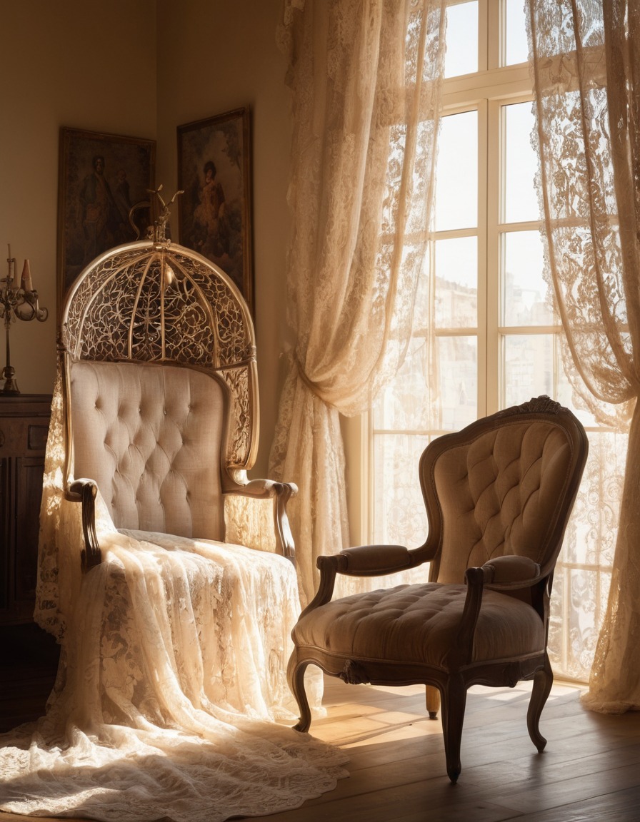 sunlight, lace curtains, cozy, armchair, home, interior