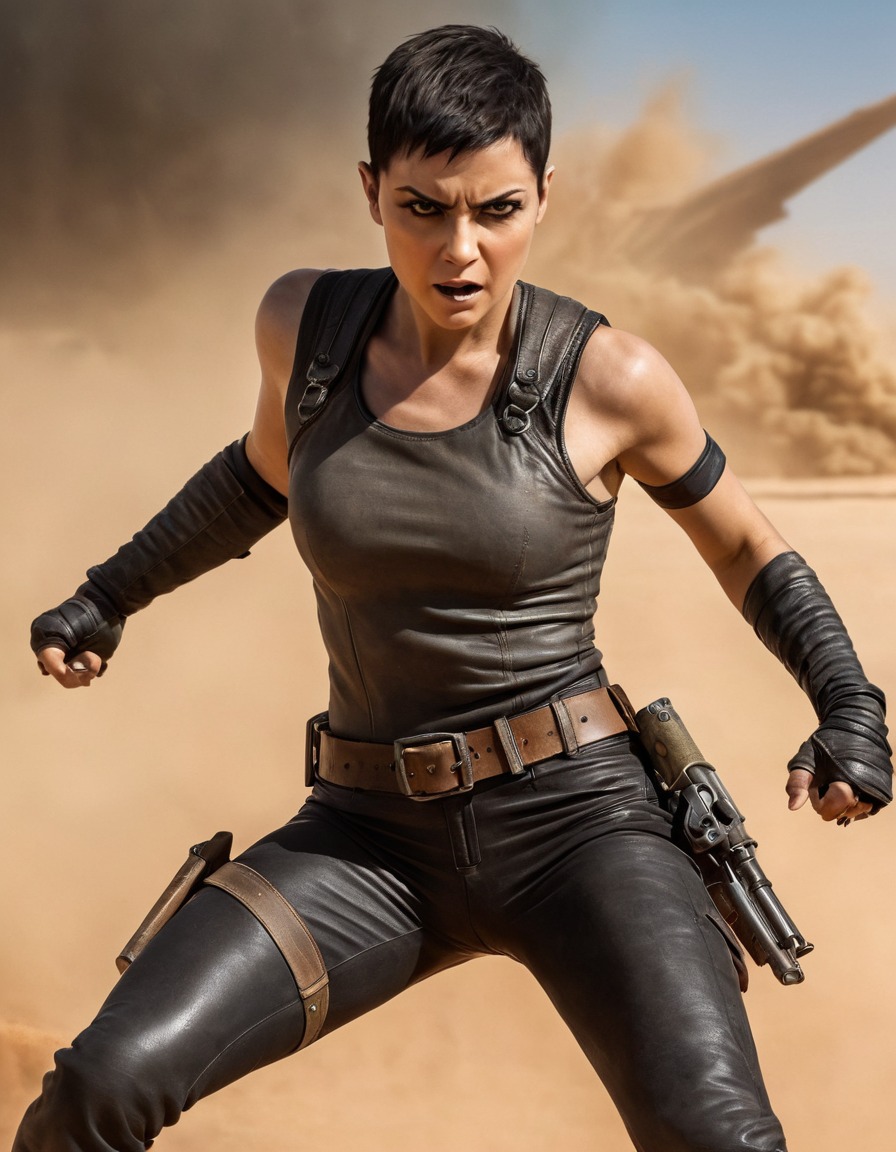 furiosa, combat skills, fierce battle, warrior, action, cinematic portrait, mad max