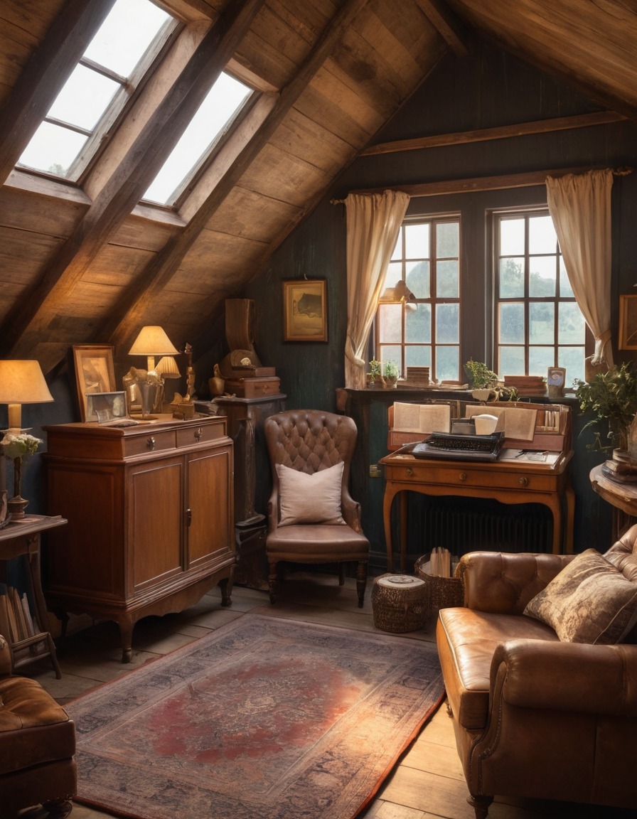 attic, vintage, furniture, photographs, home, interior