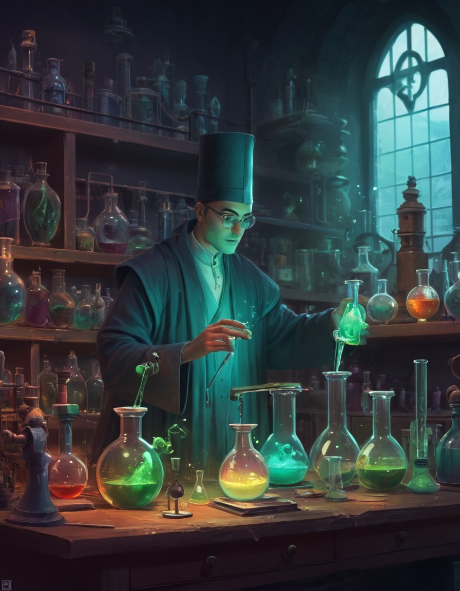 mystic, alchemist, potions, laboratory, modern technology, medieval, art