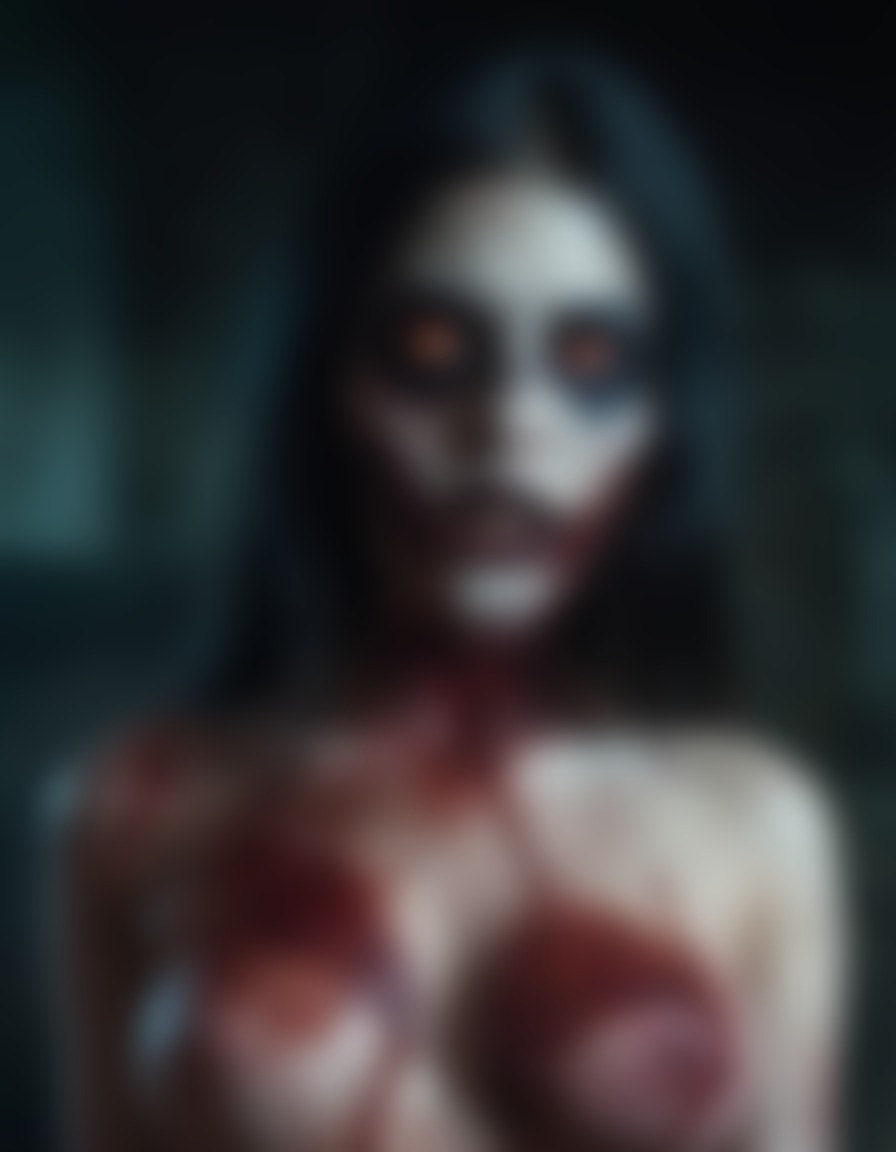 zombie, bloodstained lips, sultry, captivating gaze, nsfw