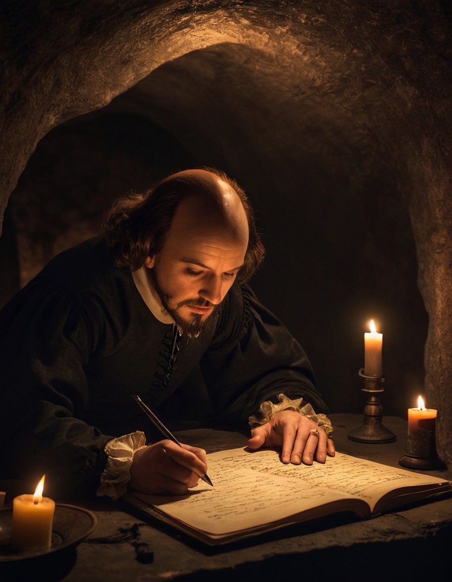 william shakespeare, playwright, literature, writing, candlelight, mysterious, underground chamber