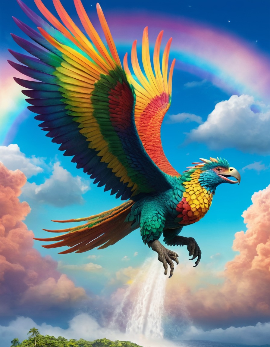 quetzalcoatl, majestic, soaring, rainbow, mythicalcreature