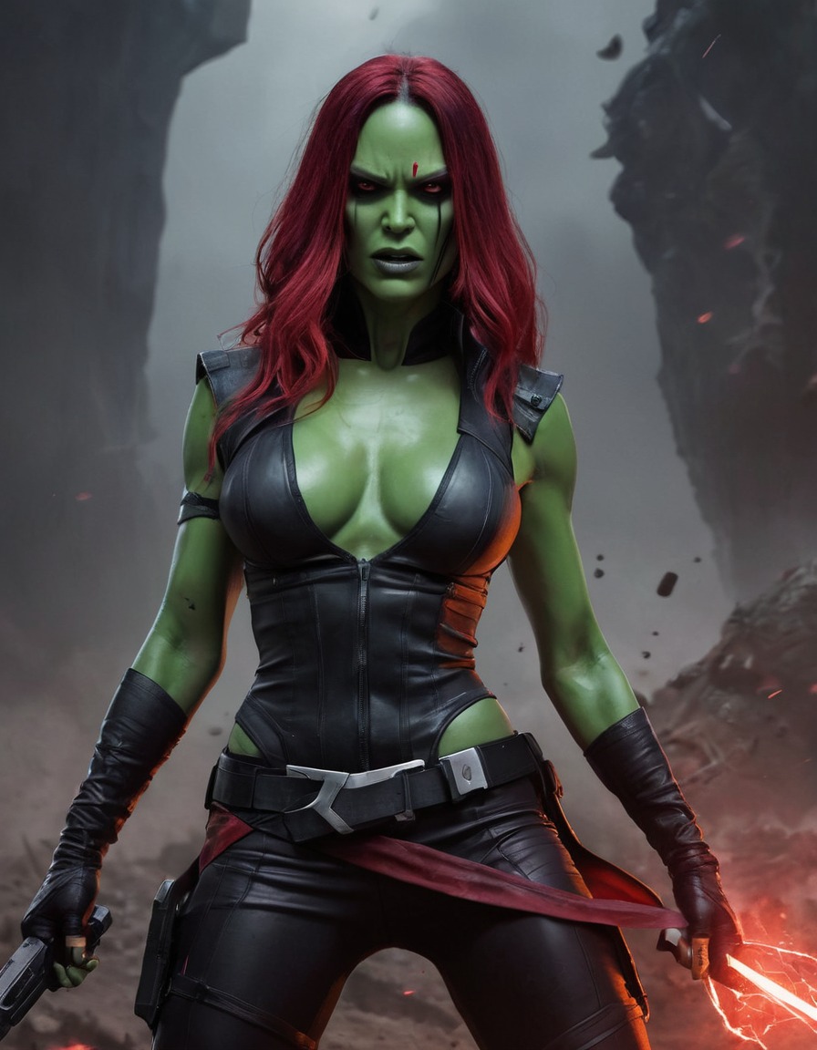 gamora, victory, battle, superhero, torn clothing