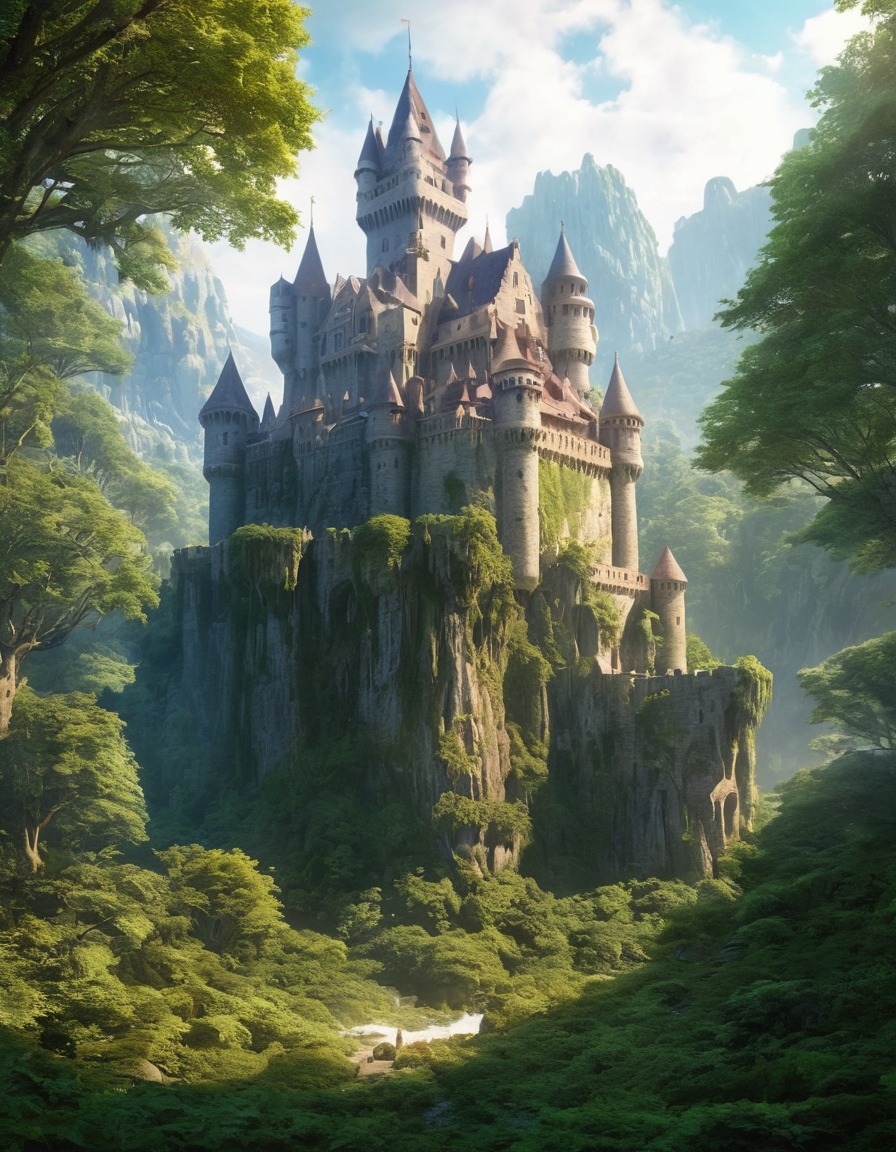 ancient castle, dense forest, enchanted, fortress, woodlands, medieval architecture, magical setting