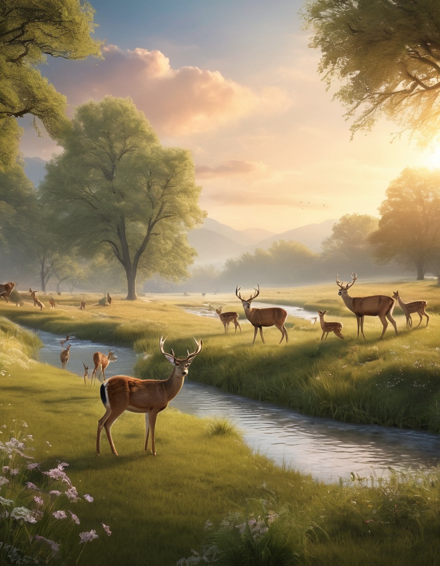 nature, meadow, stream, deer, family, peaceful