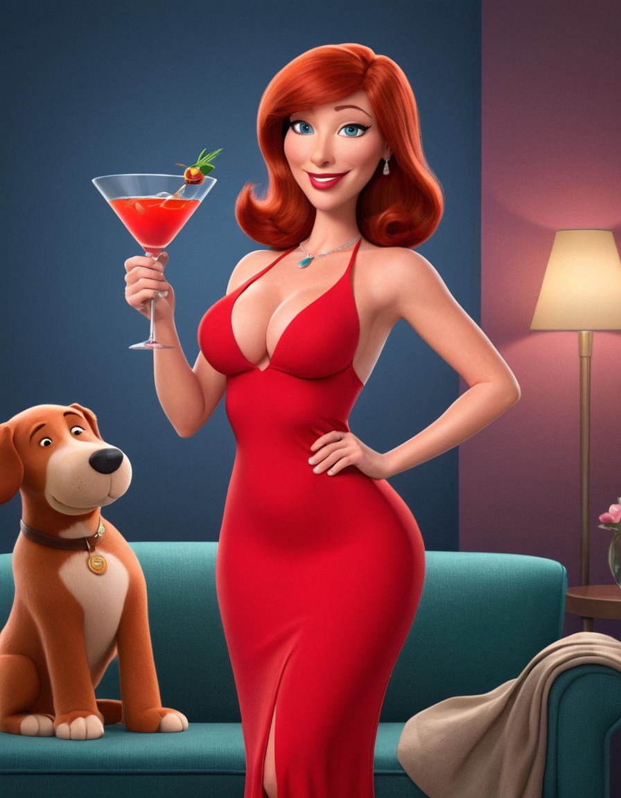 lois griffin, family guy, cartoon character, martini, red dress