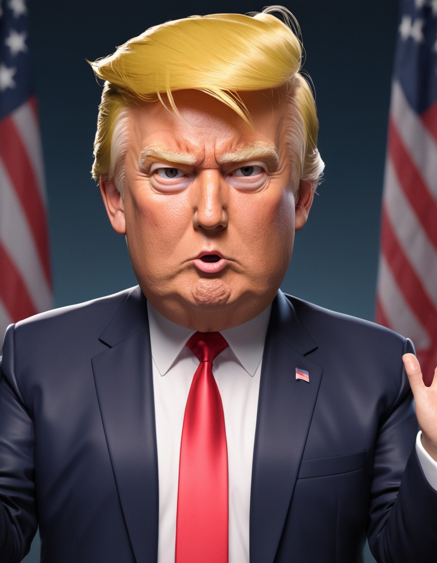 anime, donald trump, caricature, exaggerated features, dynamic pose, politics