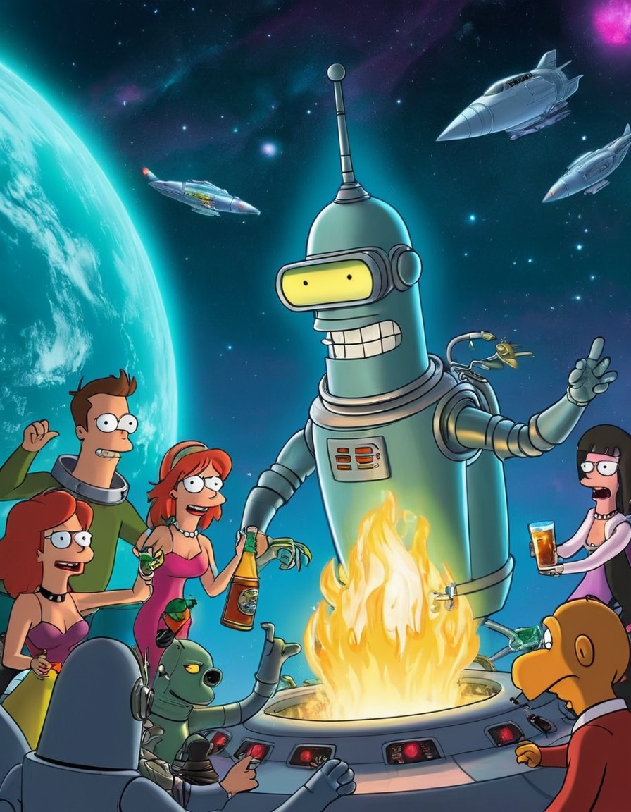 bender, futurama, party, spaceship, robots, games, movies