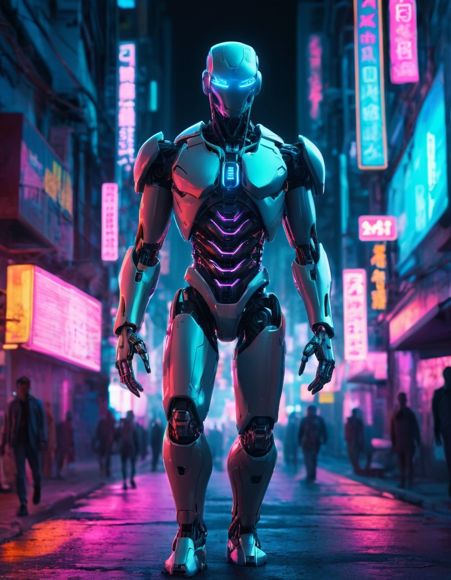 cybernetic, humanoid, neon, cityscape, futuristic, future