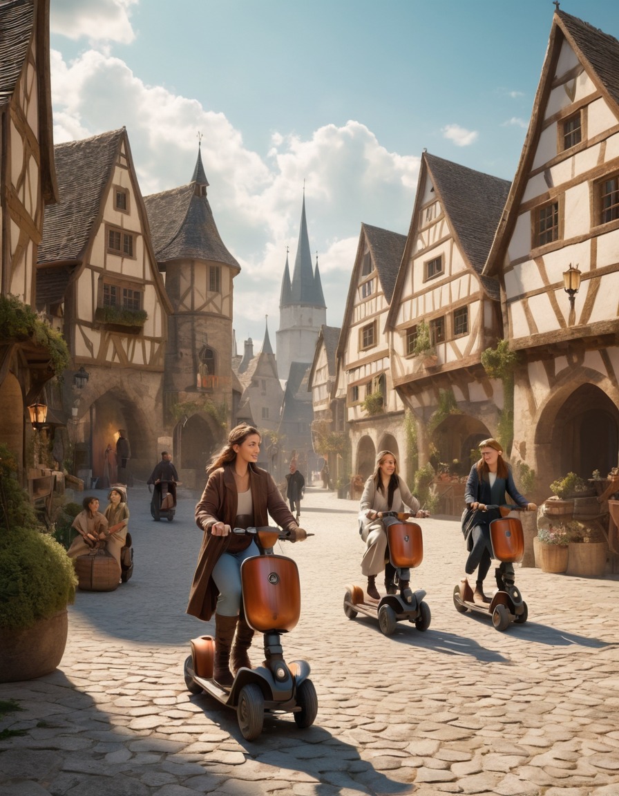 medieval village, electric scooters, transportation, modernization, historical, technology, medieval, art