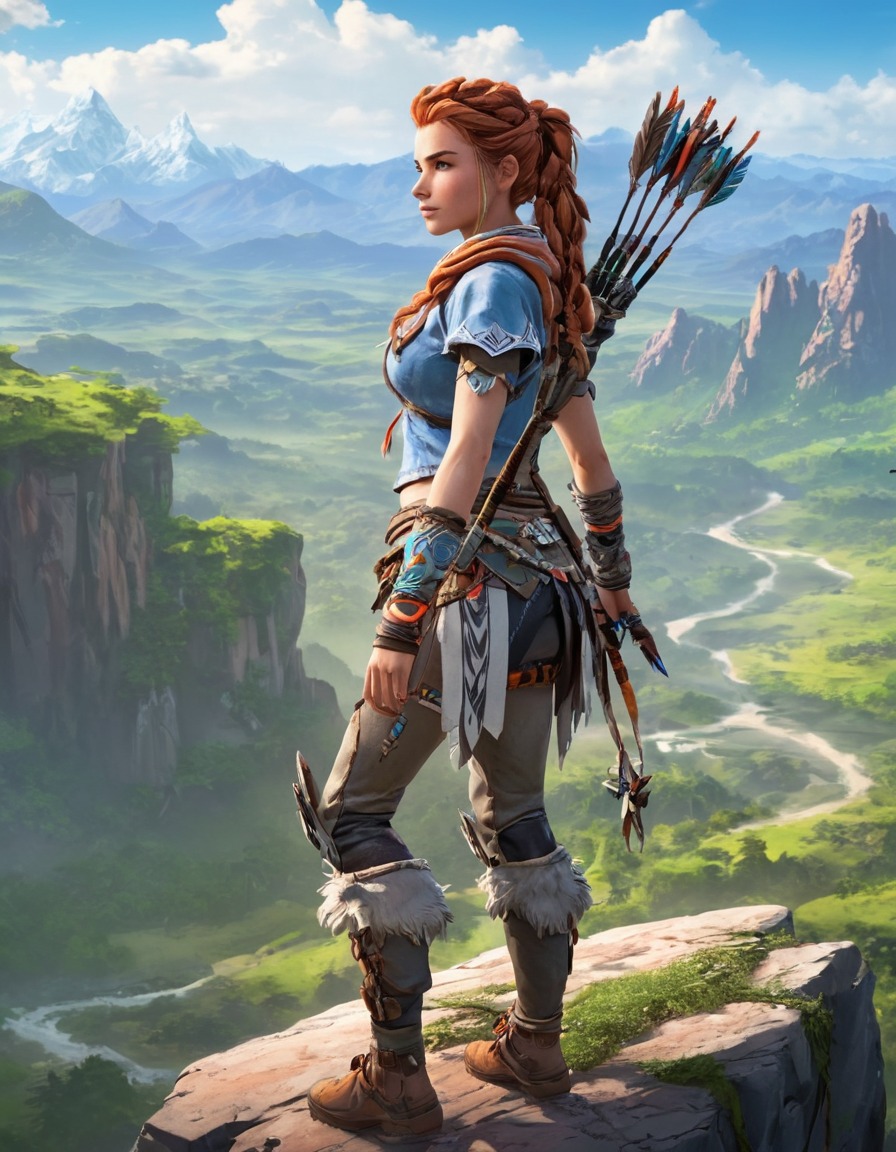 aloy, horizon zero dawn, video game character, archery, futuristic, scenic viewpoint, lush valley, anime, games