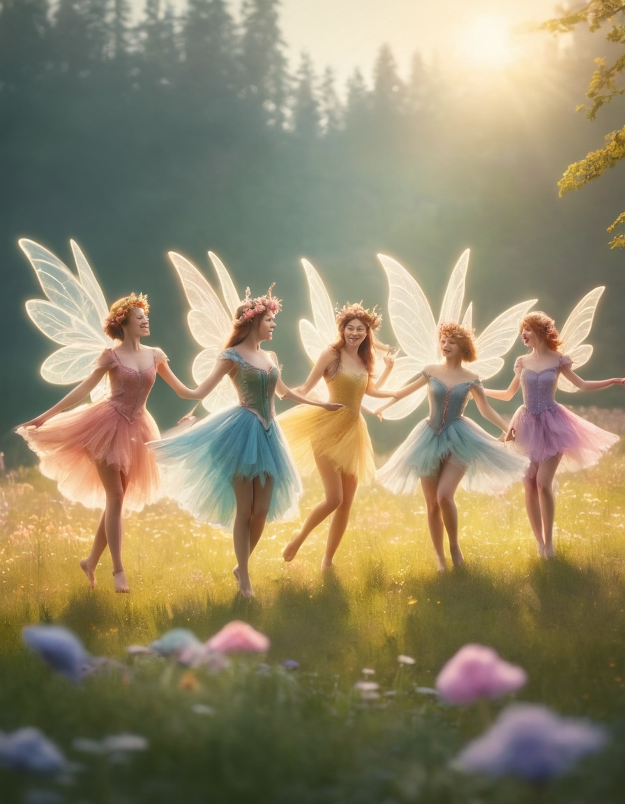 fairies, whimsical, dancing, meadow, sunlit