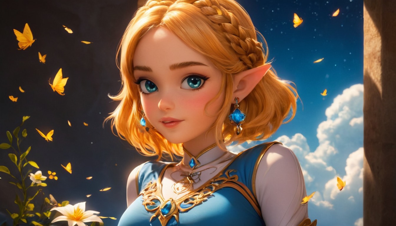 digitalart, fanart, videogamefanart, anime, cartoon, princess, nintendo, characterdesign, portrait, animegirl, beauty, blondegirl, blondehair, blueeyedgirl, blueeyes, daytime, digitalpainting, fantasyart, fantasycharacter, magic, wallpaper, zelda, dailychallenge, outside, dailychallenges