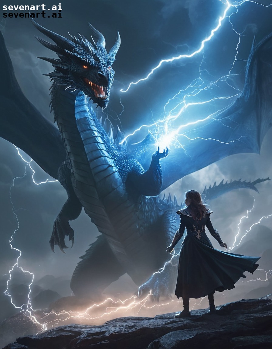 sorceress, lightning, thunder, storm, dragon, fantasy