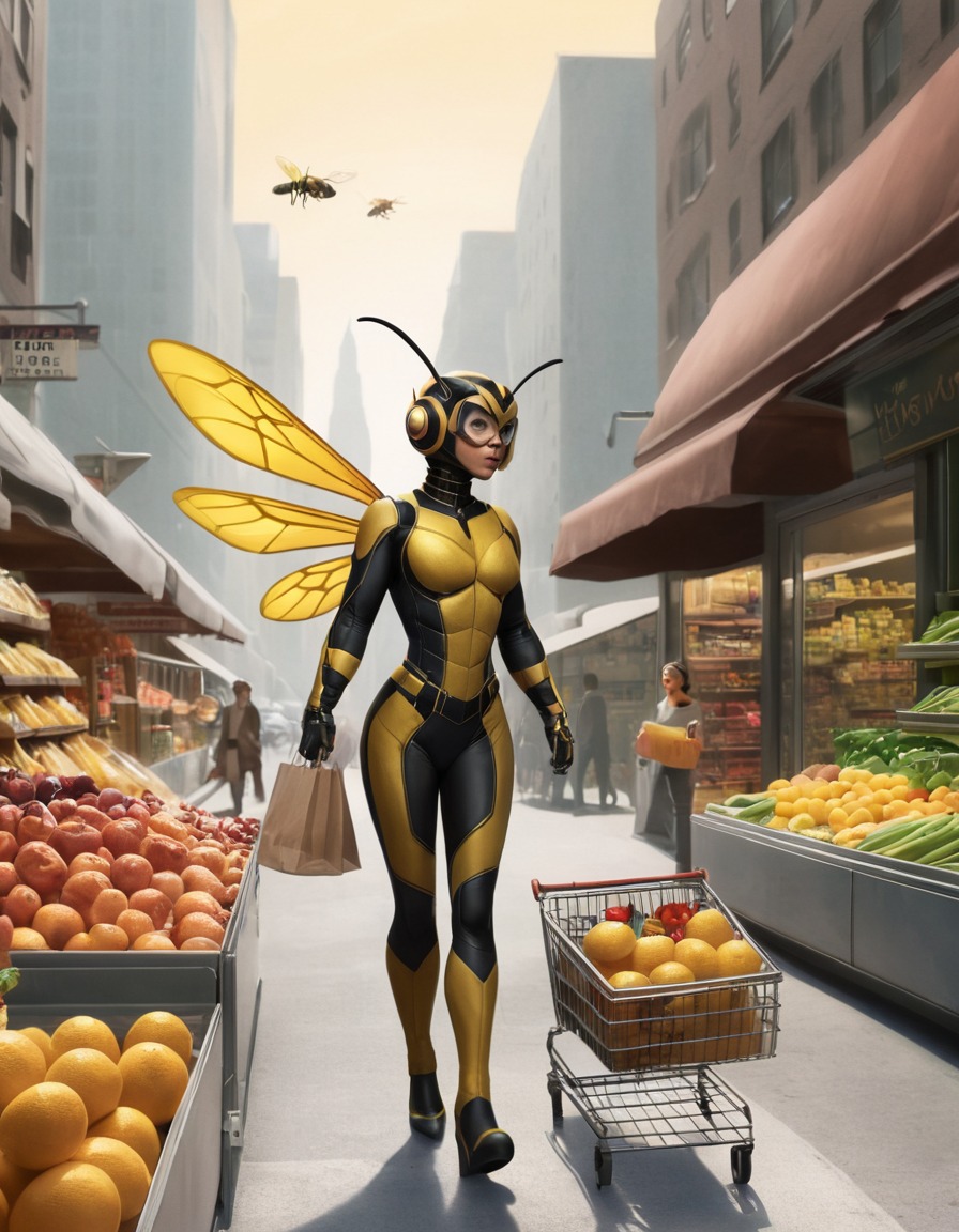 city life, grocery shopping, urban environment, wasp character, anthropomorphic animal, superhero, superheroine, bikini