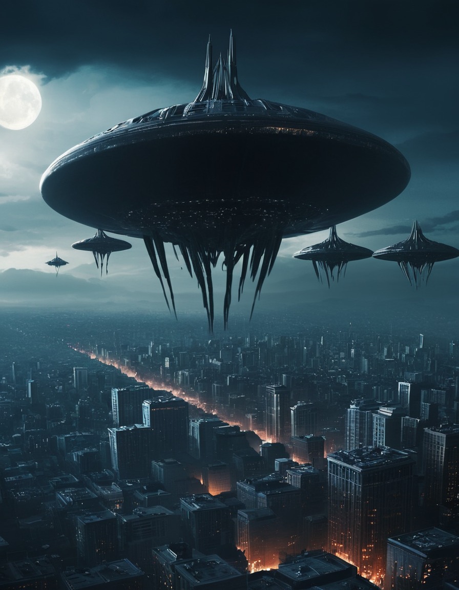 alien invasion, sci-fi, futuristic, cityscape, shadows, aliens, three body problem, trisolaran