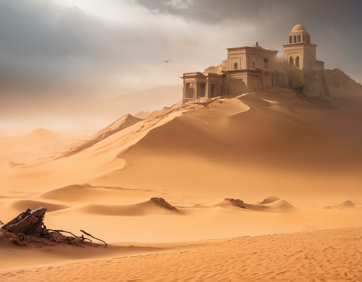 sandstorm, dune, ancient ruins, archaeology, desolation