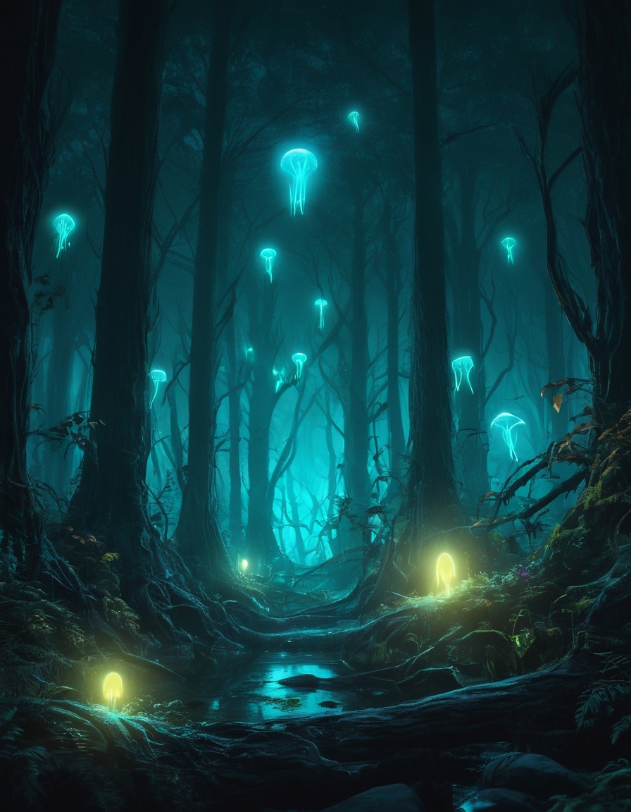 mysterious, forest, bioluminescent, creatures, glowing