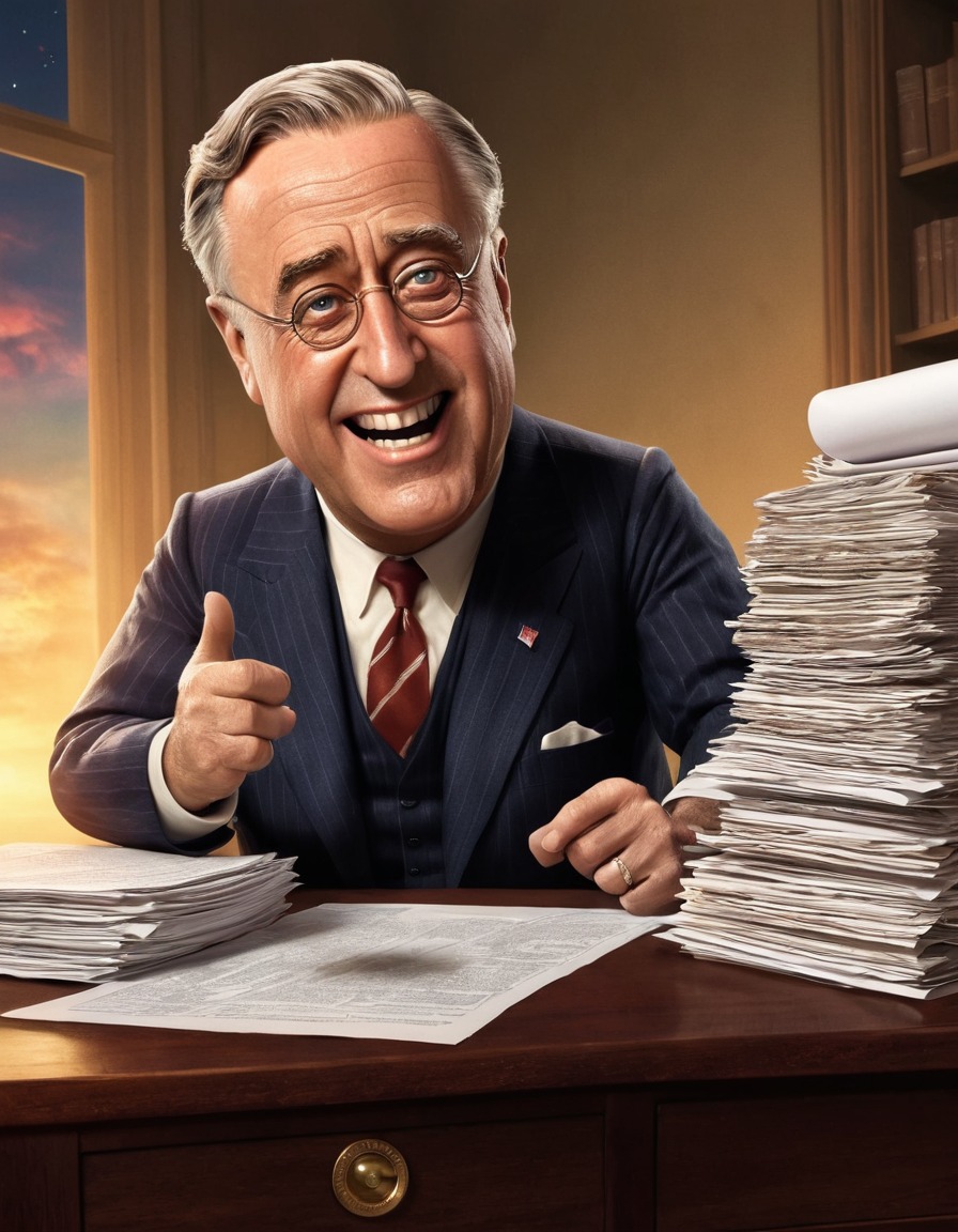 caricature, franklin roosevelt, humor, paperwork, struggle, president, desk, funny