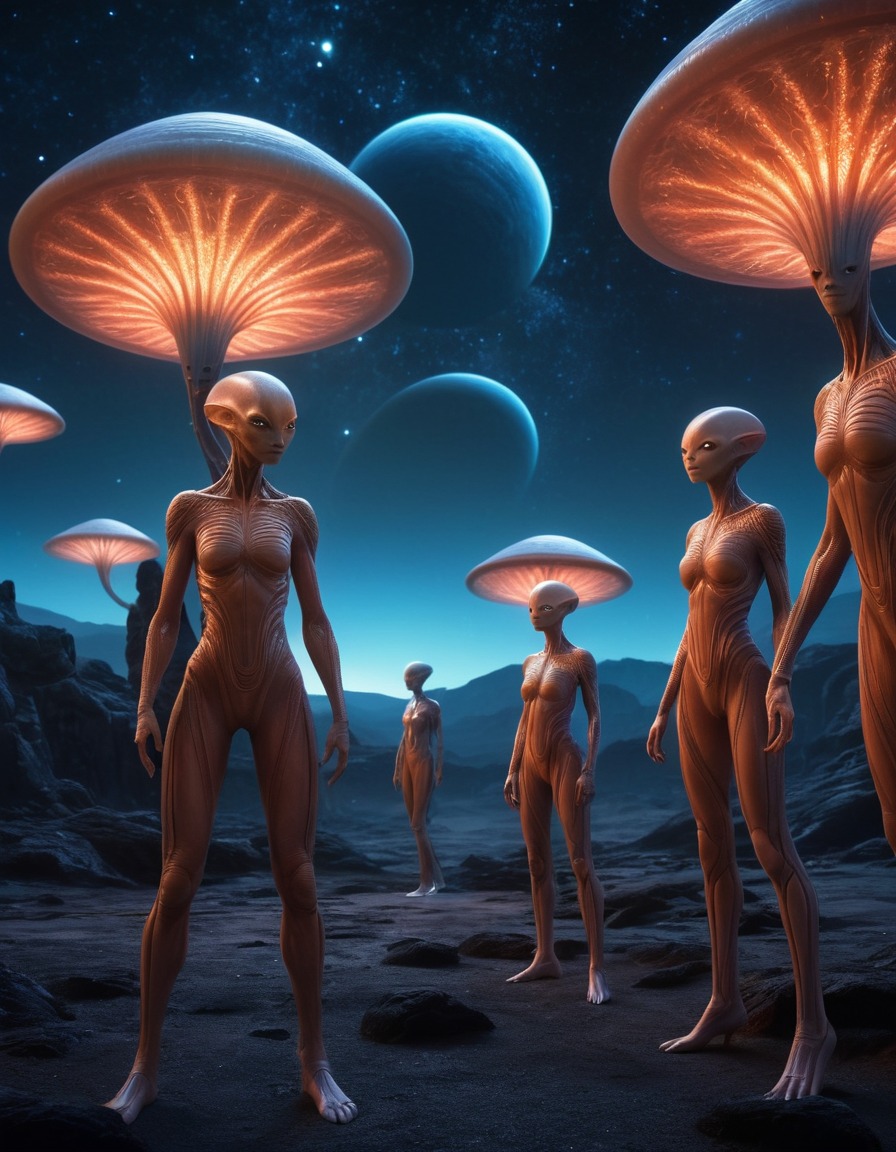 alien beings, communication, glowing patterns, translucent skin, starlit landscape, extraterrestrial, aliens