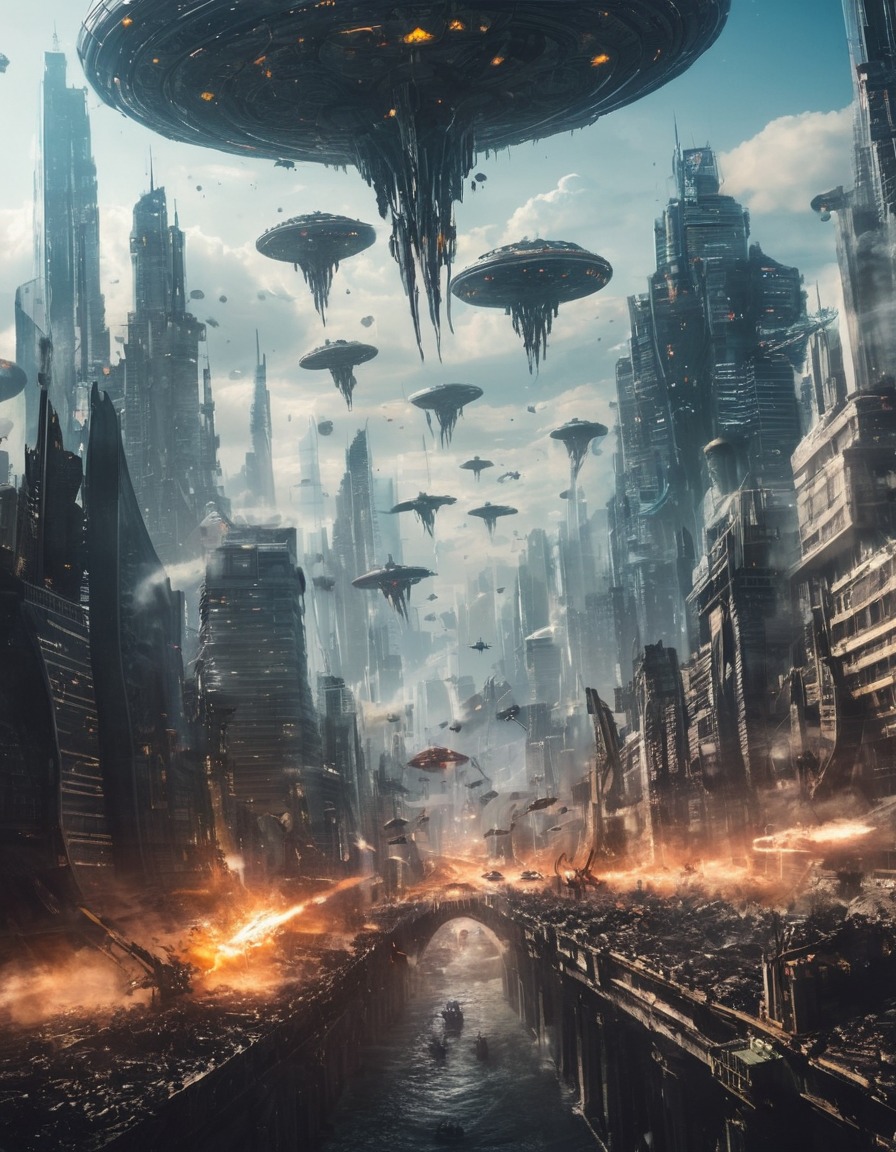 futuristic, alien invasion, chaos, city skyline, sci-fi, aliens, three body problem, trisolaran