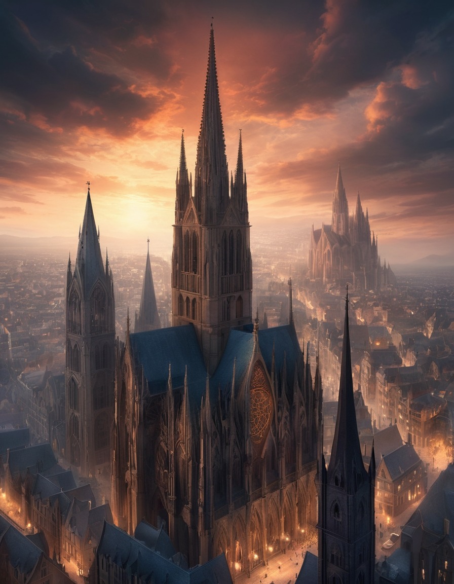 architecture, gothic style, cathedral, cityscape, towers