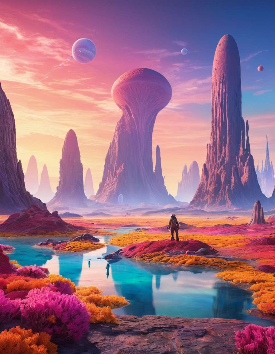 aliens, exploration, colorful, alien landscape, extraterrestrial, unknown world