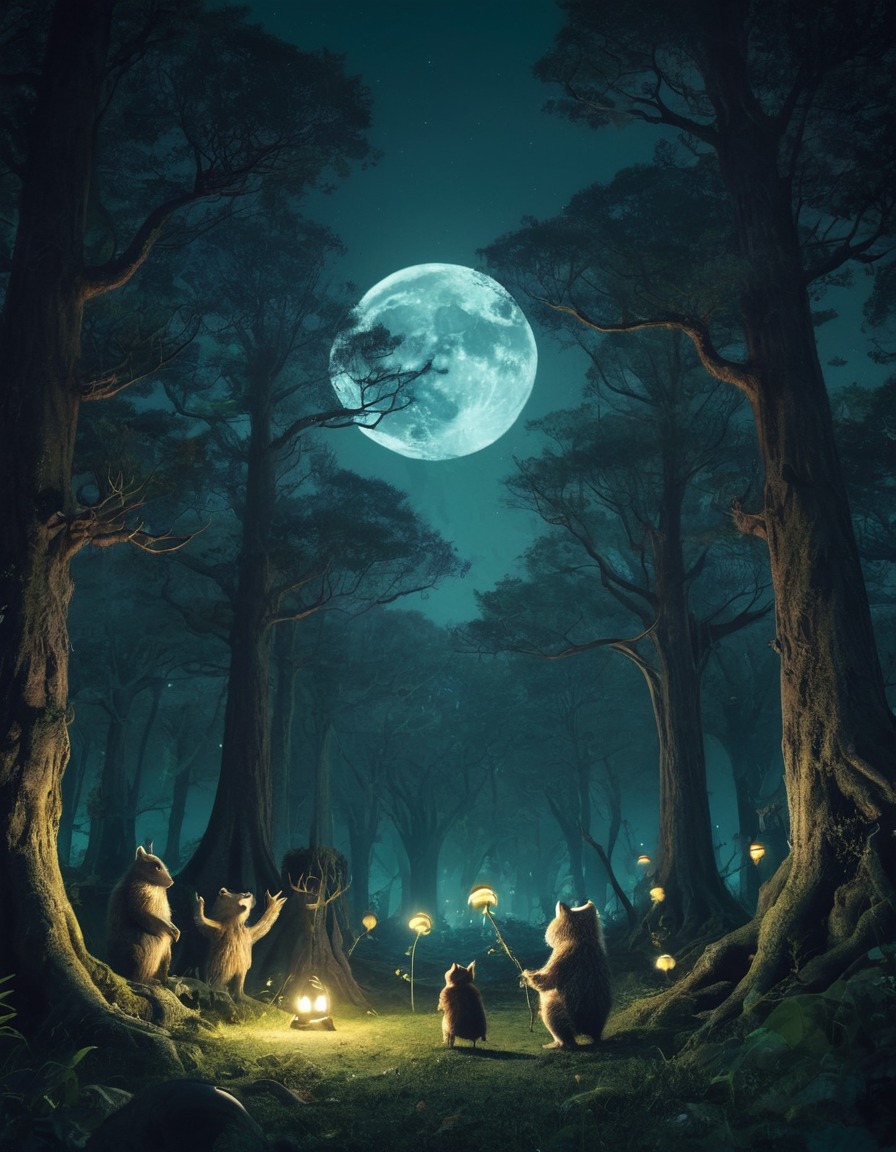 fantasy, ancient forest, treefolk, woodland creatures, magical moon, fantastic