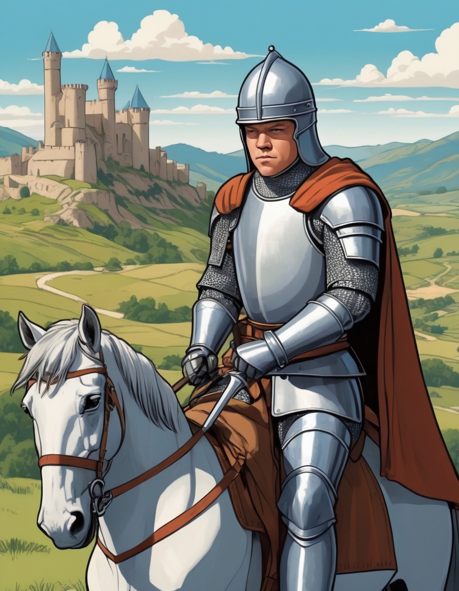 matt damon, medieval knight, painting, majestic landscape, art, actor