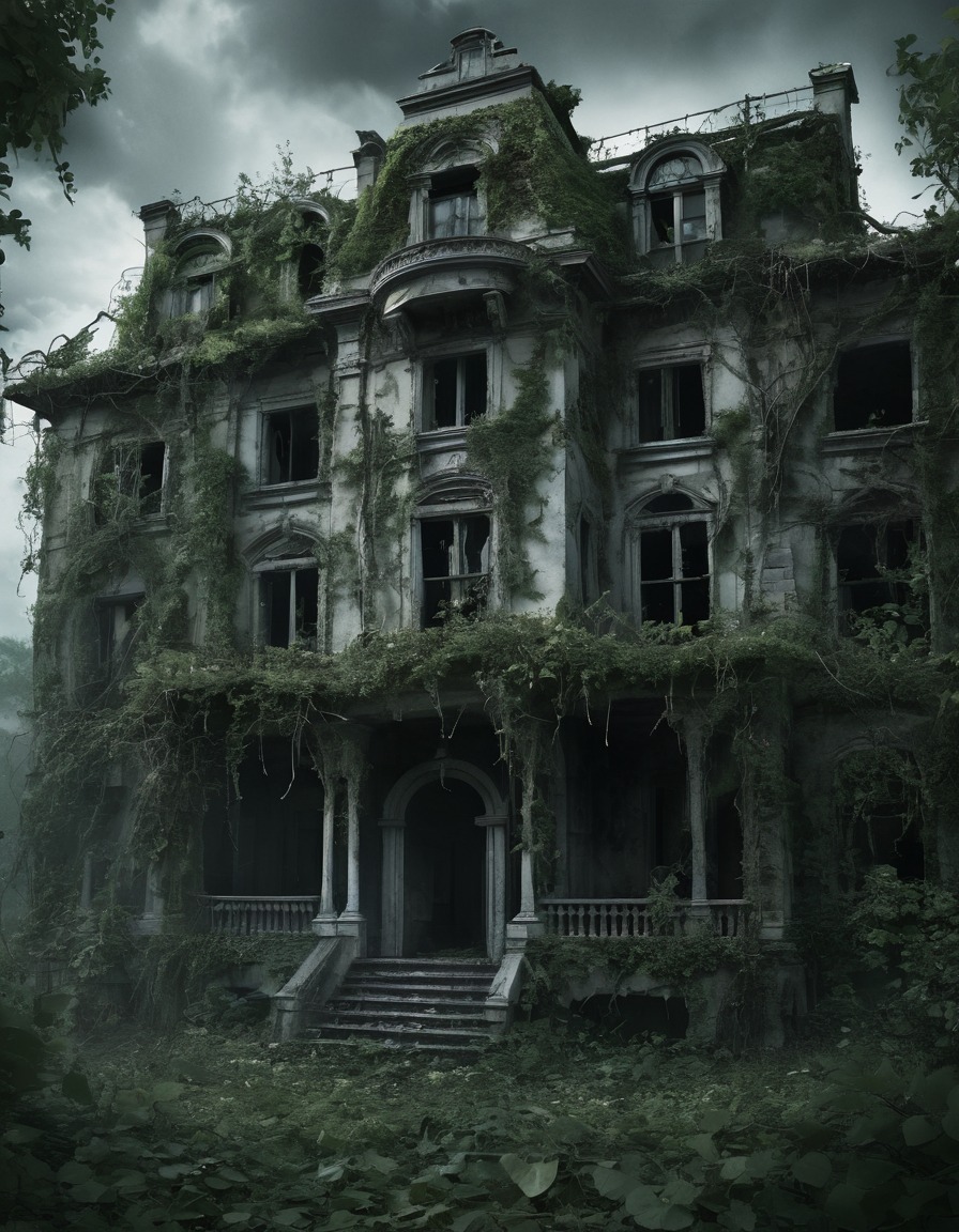 eerie, old mansion, crumbling walls, twisted vines, overgrown, abandoned, gothic, underground, dark