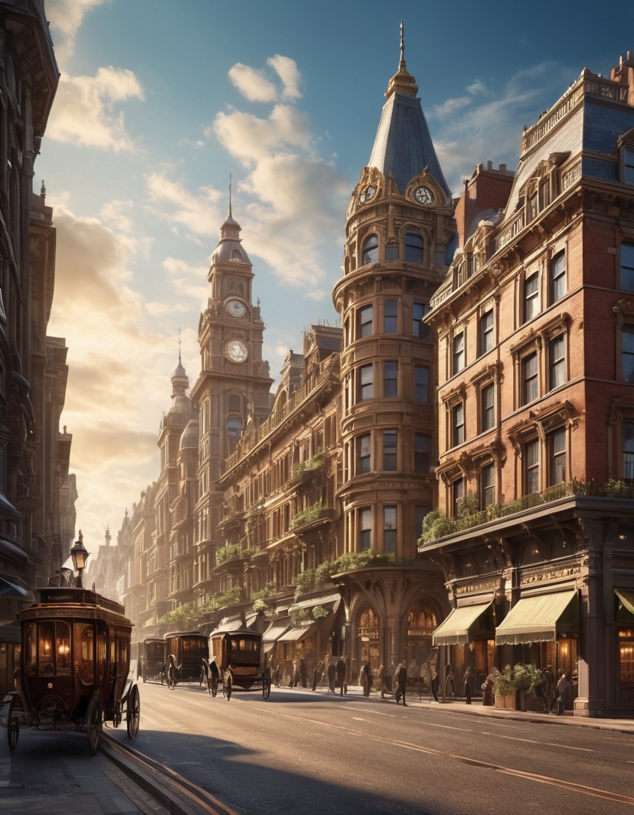 victorian architecture, cityscape, bustling street, urban life, architecture