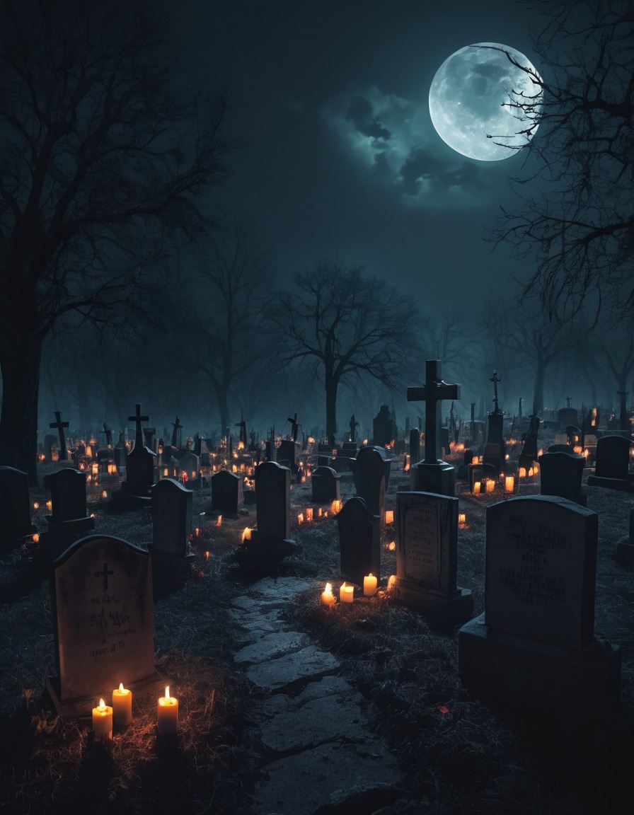 graveyard, midnight, tombstones, candles, gothic, underground, dark