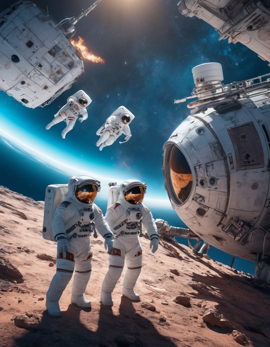 astronauts, spacewalk, space exploration, space scene, damaged ship, astronaut duo, outer space